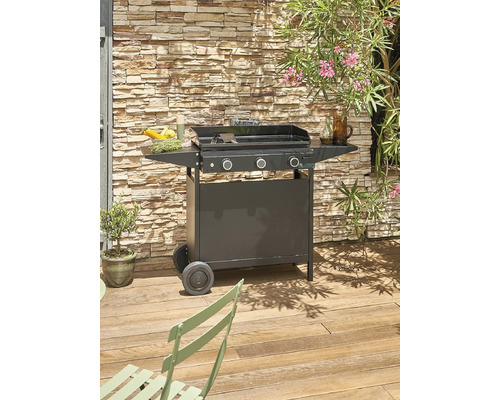 Chariot de barbecue avec étagères et trois commandes devant un mur de pierre