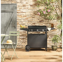 Extérieur avec chariot de grill, table de jardin et chaises devant un mur en pierre