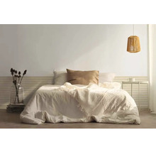 Chambre lumineuse avec lit double, table de chevet et suspension