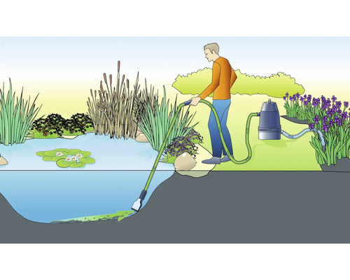 Illustration d''un homme nettoyant un bassin avec une pompe de bassin, entouré de plantes aquatiques et de fleurs.