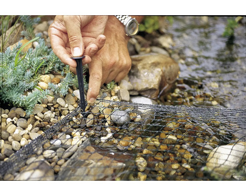 Gros plan d''un paysage d''étang avec un filet d''étang fixé avec un piquet.