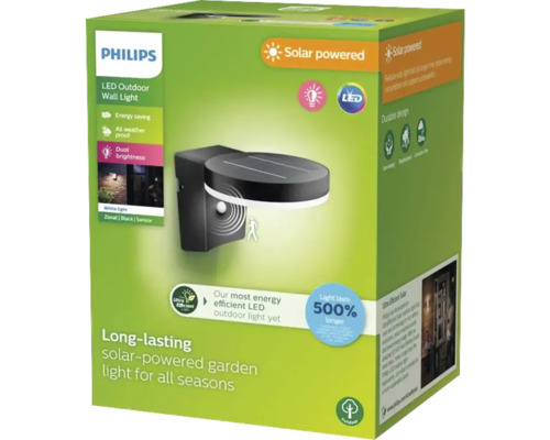 Emballage d''une applique murale d''extérieur à LED solaire Philips pour toutes les saisons