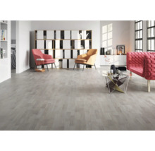 Espace de vie lumineux avec parquet, fauteuils et bibliothèque