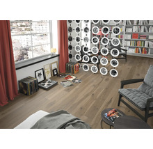 Salon avec parquet en bois, collection de disques vinyles, platine, paravent et bibliothèque