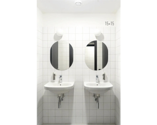 Salle de bain avec deux lavabos, miroirs ronds et carreaux blancs