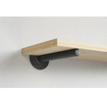 Holzregal mit schwarzer Metallhalterung an der Wand