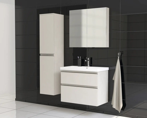 Salle de bains avec meuble sous-lavabo, armoire de toilette et armoire haute devant un mur noir