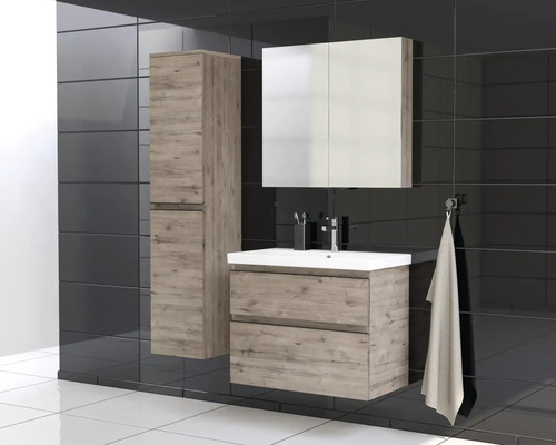 Ensemble de salle de bains avec lavabo, armoire de toilette et armoire haute
