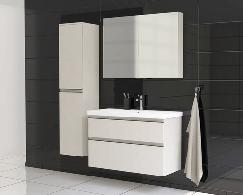 Salle de bains avec lavabo, armoire de toilette et armoire haute