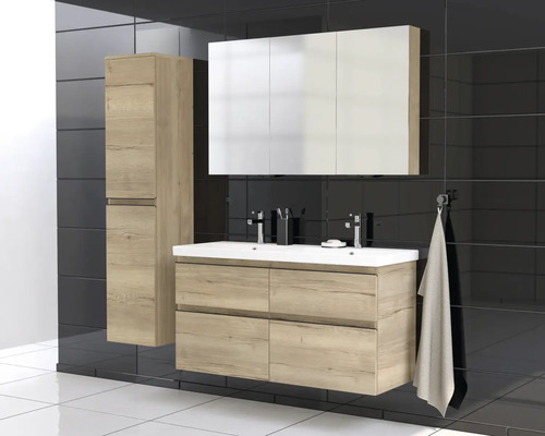 Ensemble de salle de bains avec meuble sous-lavabo, armoire de toilette et armoire haute aspect bois