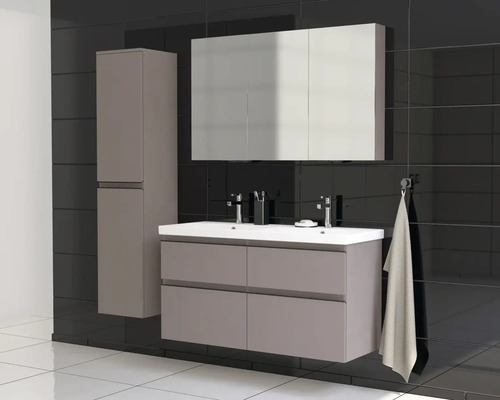 Salle de bain moderne avec meuble sous-vasque, armoire de toilette et armoire haute