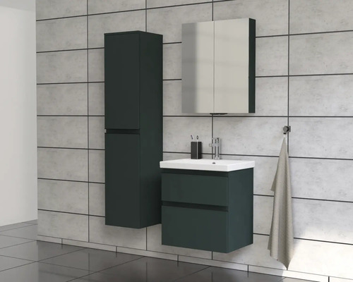 Salle de bains avec meuble sous-lavabo, armoire de toilette et armoire haute devant un mur carrelé