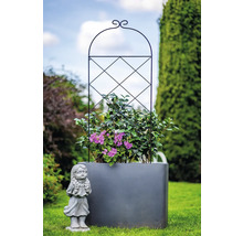 Blumenkasten mit Rankhilfe und Mädchenfigur im Garten