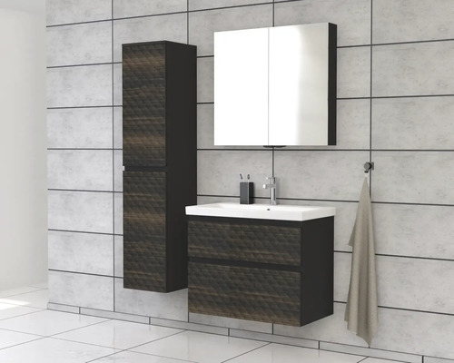 Salle de bain avec meuble-lavabo, armoire de toilette et armoire haute