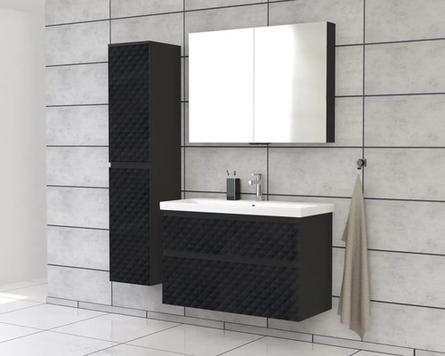Modernes Badezimmer-Set mit Waschtisch, Spiegelschrank und Hochschrank in dunkler Optik