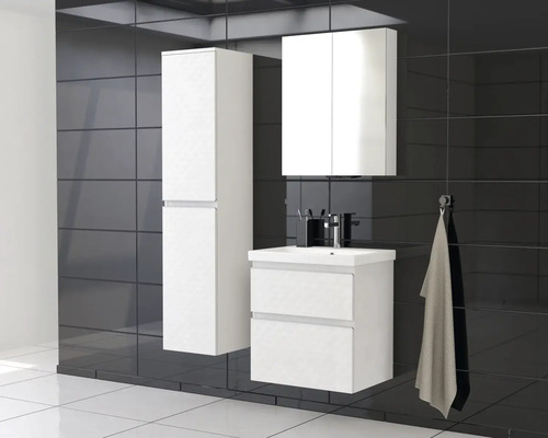Salle de bains avec meuble sous-lavabo, armoire de toilette et armoire haute pour accessoires de salle de bains