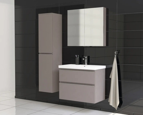 Salle de bains avec lavabo, armoire de toilette et armoire haute devant un mur noir