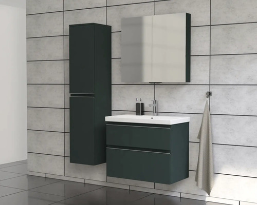 Salle de bains avec meuble sous-vasque, armoire de toilette et armoire haute