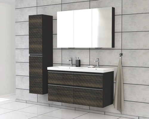 Ensemble de salle de bains moderne avec meuble sous-lavabo, armoire de toilette et armoire haute.