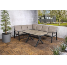 Gartensitzgruppe mit Ecksofa und Tisch auf Holzfliesen