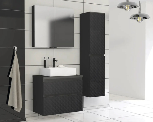 Salle de bains moderne avec meuble sous-lavabo, armoire de toilette et armoire haute en noir et blanc