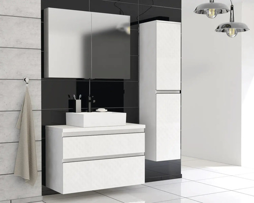 Ensemble de salle de bains moderne avec meuble sous-lavabo, vasque à poser, armoire de toilette et armoire haute pour une ambiance élégante.