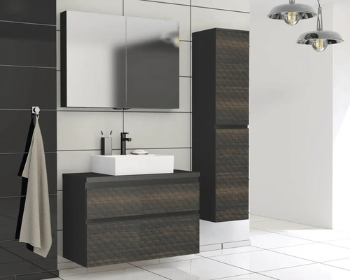 Salle de bains moderne avec meuble-lavabo, armoire de toilette à miroir et armoire haute pour une ambiance élégante