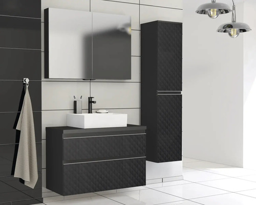 Salle de bain moderne avec meuble-lavabo, armoire de toilette et armoire haute de couleur foncée