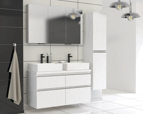 Ensemble de salle de bains moderne avec meuble sous-lavabo, deux lavabos, armoire de toilette et armoire haute
