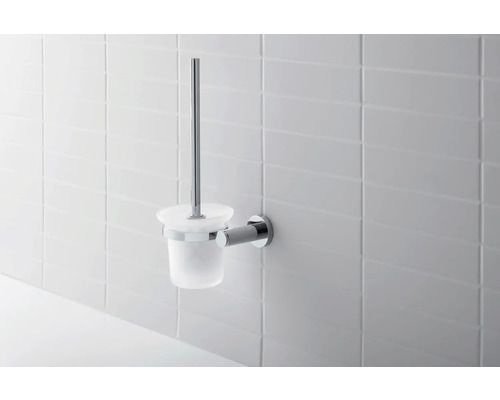 Garniture de brosse de toilette murale avec récipient et brosse en métal et en verre