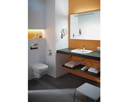 Badezimmer mit Toilette, Waschbecken, Spiegel und Ablageflächen für Badutensilien