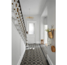 Heller Flur mit Treppe, Mosaikfliesen und dekorativen Elementen wie Lampe und Hängekörben.