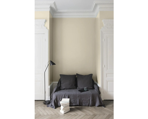 Peinture murale claire dans une pièce avec canapé, lampe et livres