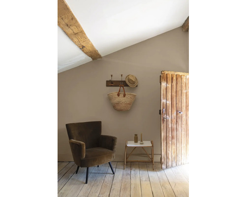 Pièce lumineuse avec fauteuil, poutres en bois, décorations murales et porte en bois