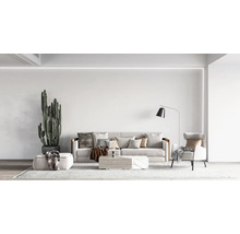 Helles Wohnzimmer mit Sofa, Sessel, Kaktus und Stehlampe