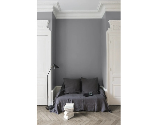 Pièce avec peinture murale grise, canapé, lampadaire et stuc