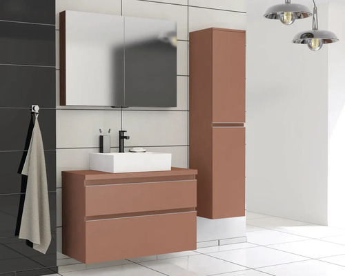 Ensemble de salle de bains moderne avec meuble sous-lavabo, vasque à poser, armoire de toilette et armoire haute