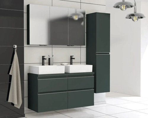 Salle de bains avec meuble sous-lavabo, armoire de toilette, armoire haute et deux vasques à poser