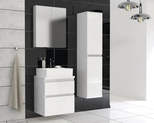 Modernes Badezimmer-Set mit Waschtisch, Spiegelschrank und Hochschrank in Weiss