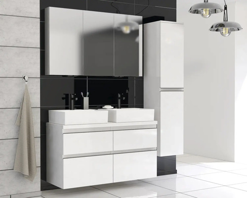 Ensemble de salle de bains moderne avec double vasque, armoire de toilette à miroir et armoire haute pour un aménagement élégant.