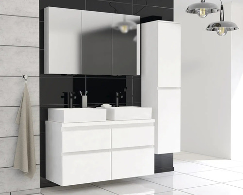 Ensemble de salle de bains moderne avec armoire de toilette, meuble sous-lavabo, deux vasques à poser et armoire haute