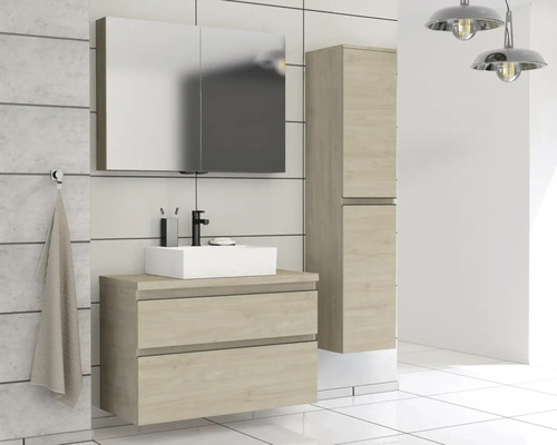 Salle de bains avec meuble sous-vasque, armoire de toilette et armoire haute