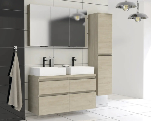 Ensemble de salle de bains lumineux avec double vasque, armoire de toilette et armoire haute pour le rangement