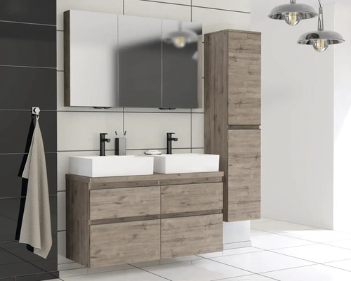 Salle de bains avec meuble sous-lavabo, armoire de toilette et armoire haute