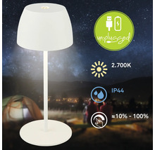 Lampe de table avec batterie et les symboles pour fonctionnement sur batterie, couleur de la lumière 2700 Kelvin, indice de protection IP44 et intensité variable de 10 à 100 pour cent