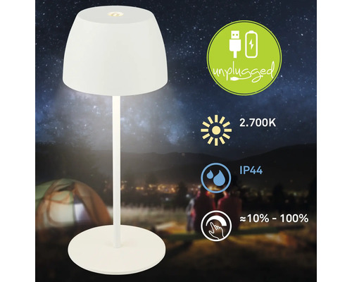 Lampe de table avec batterie et les symboles pour fonctionnement sur batterie, couleur de la lumière 2700 Kelvin, indice de protection IP44 et intensité variable de 10 à 100 pour cent