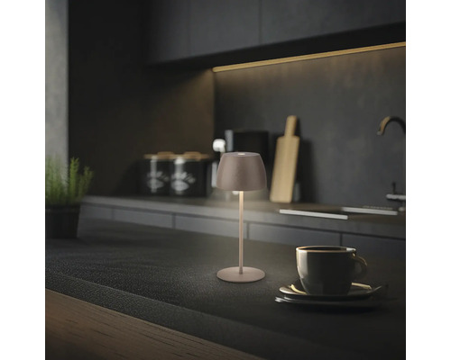 Lampe de table décorative sur un comptoir de cuisine à côté d''une tasse de café.