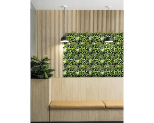 Salle d''attente avec mur végétal, banc et suspensions