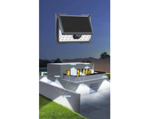 Lampe solaire avec détecteur de mouvement fixée sur une maison, qui sont connectées sans fil.