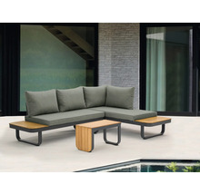 Ensemble de salon de jardin avec canapé d''angle, coussins et table en bois sur une terrasse